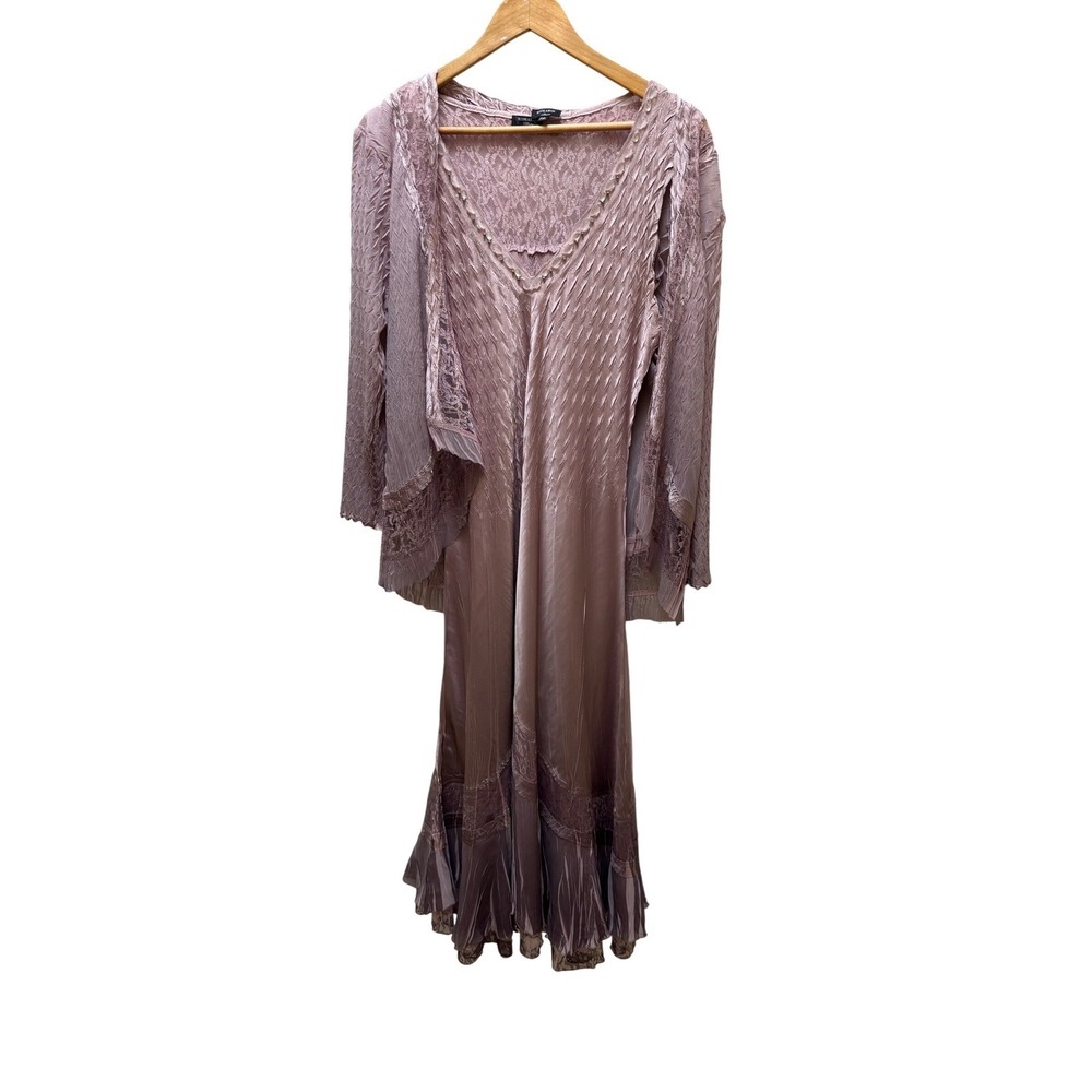 Komarov Dress Set PXL Mauve Ombre Pleated Lace Beaded V-Neck with Jacket 2pc